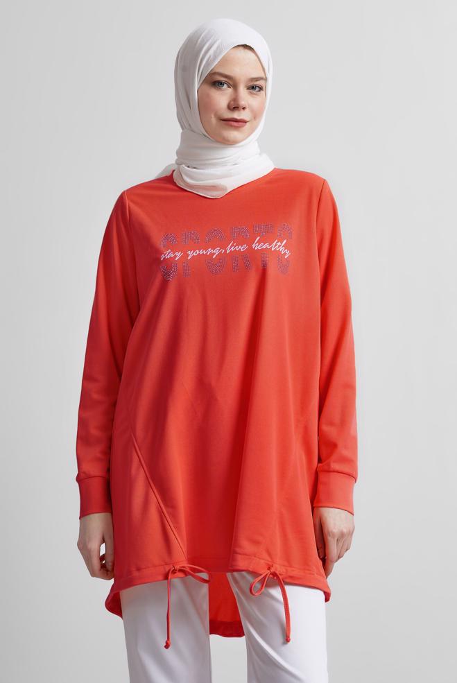 Vêtements hijab ROUGE TUNIQUE DE SURVÊTEMENT IMPRIMÉE 44765 - ALVİNA