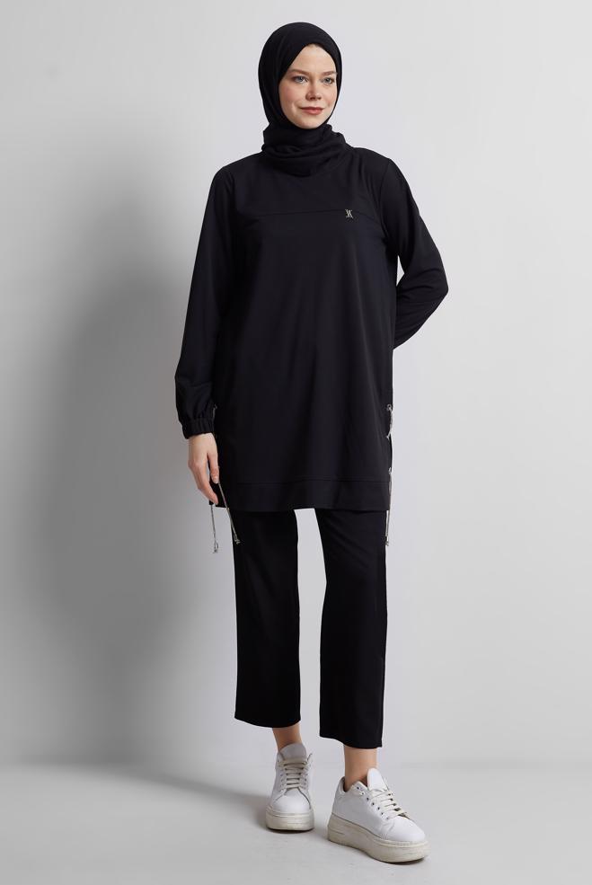 Hijab-Kleidung SCHWARZ TRAININGSANZUG-TUNIKA MIT BINDEDETAIL 44767 - ALVİNA