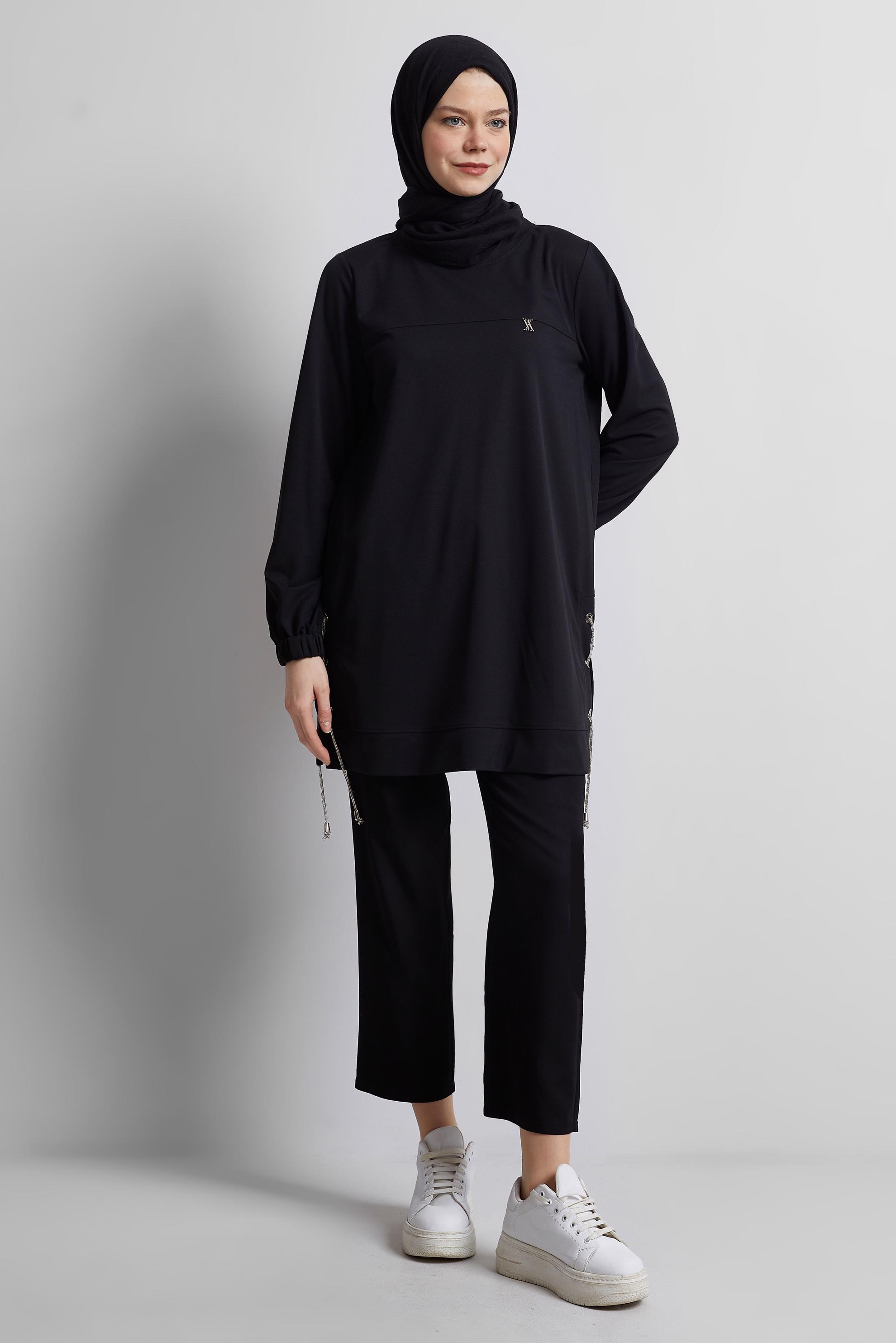 Tesettür giyim SİYAH BAĞCIKLI EŞOFMAN TUNİK 44767