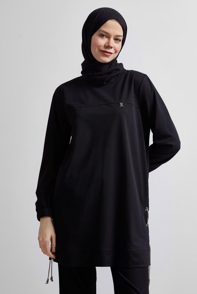Hijab-Kleidung SCHWARZ TRAININGSANZUG-TUNIKA MIT BINDEDETAIL 44767 - ALVİNA