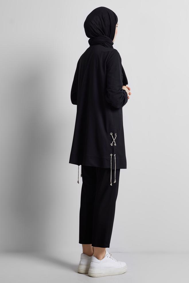 Hijab-Kleidung SCHWARZ TRAININGSANZUG-TUNIKA MIT BINDEDETAIL 44767 - ALVİNA
