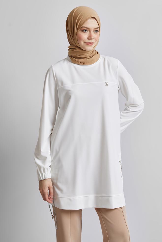Hijab-Kleidung WEISS TRAININGSANZUG-TUNIKA MIT BINDEDETAIL 44767 - ALVİNA