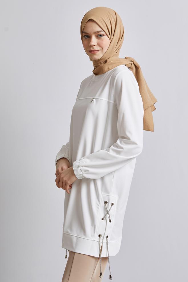 Hijab-Kleidung WEISS TRAININGSANZUG-TUNIKA MIT BINDEDETAIL 44767 - ALVİNA