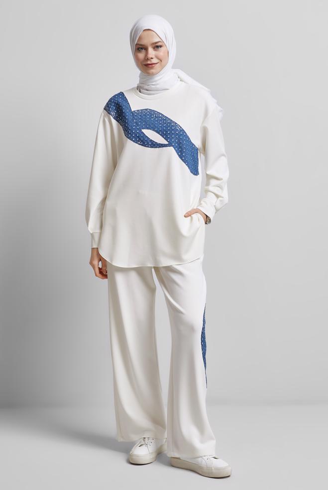 Vêtements hijab BLANC ENSEMBLE SURVÊTEMENT AVEC PANTALON 45336 - ALVİNA