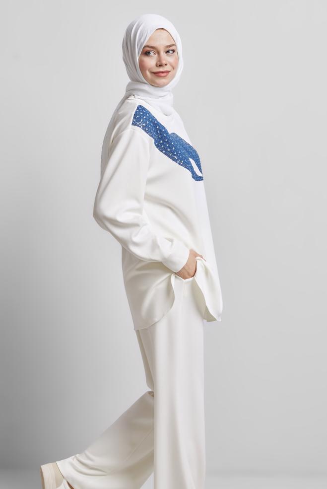 Vêtements hijab BLANC ENSEMBLE SURVÊTEMENT AVEC PANTALON 45336 - ALVİNA