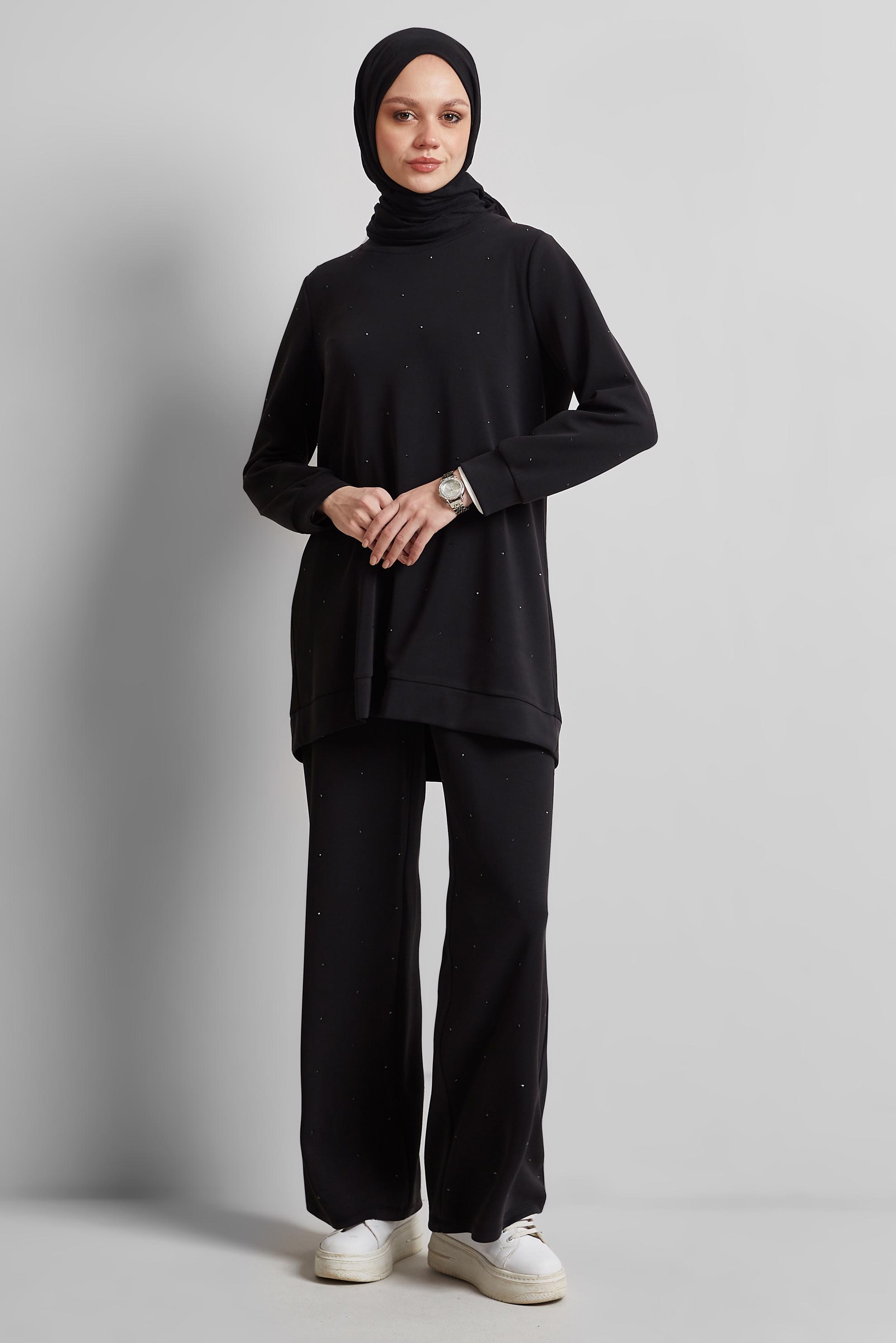 Tesettür giyim SİYAH PANTOLONLU TAŞLI EŞOFMAN TAKIM 45381