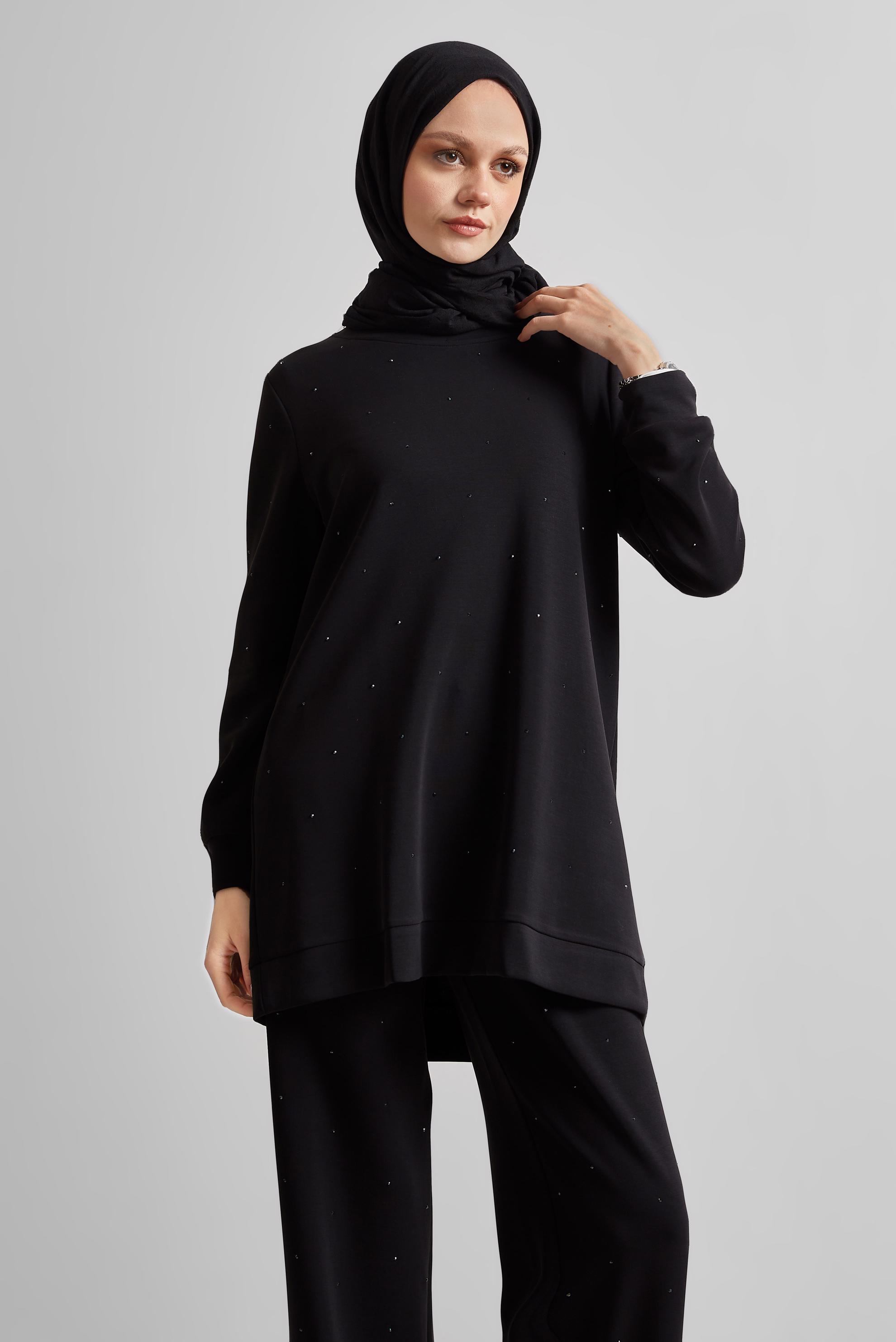 Tesettür giyim SİYAH PANTOLONLU TAŞLI EŞOFMAN TAKIM 45381