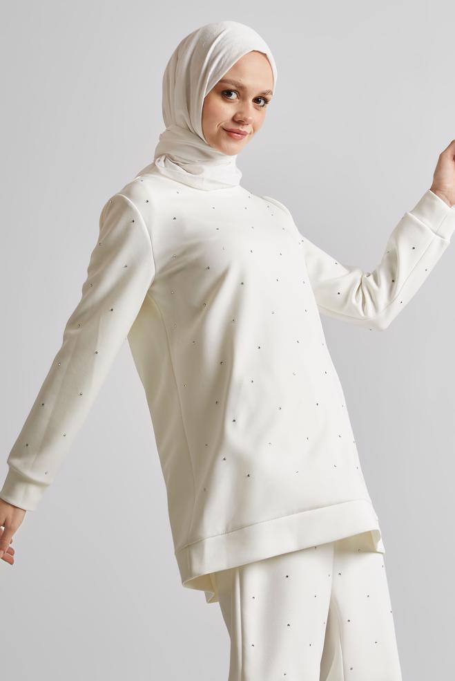 Tesettür giyim BEYAZ PANTOLONLU TAŞLI EŞOFMAN TAKIM 45381 - ALVİNA
