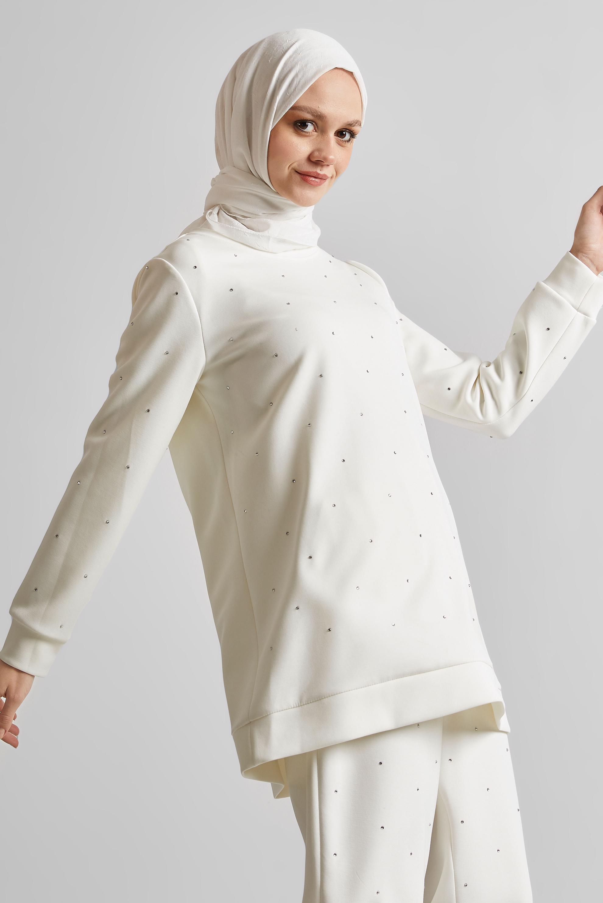Tesettür giyim BEYAZ PANTOLONLU TAŞLI EŞOFMAN TAKIM 45381