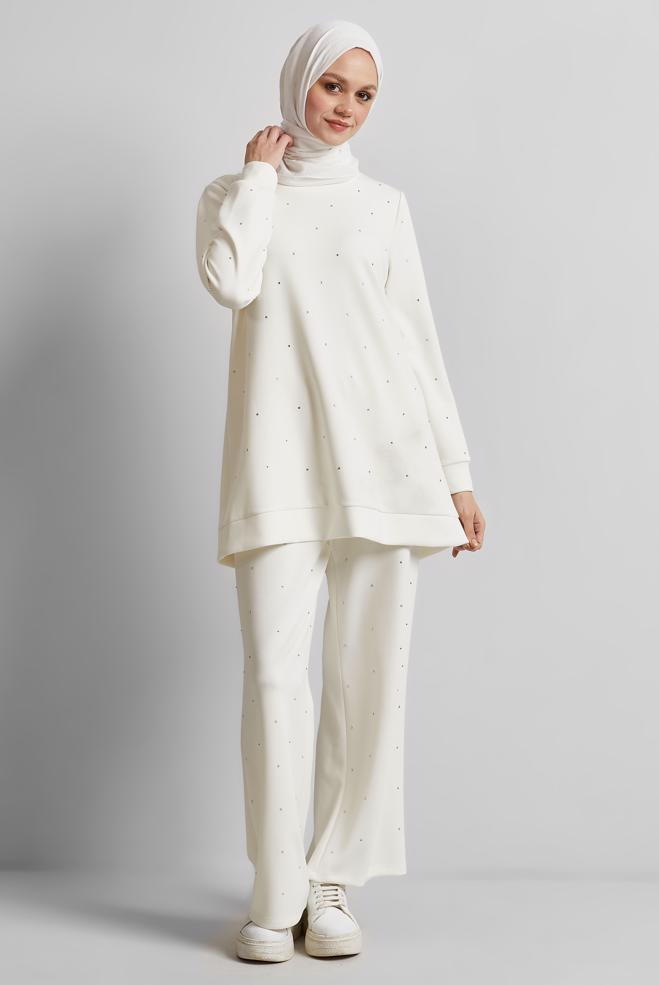 Tesettür giyim BEYAZ PANTOLONLU TAŞLI EŞOFMAN TAKIM 45381 - ALVİNA