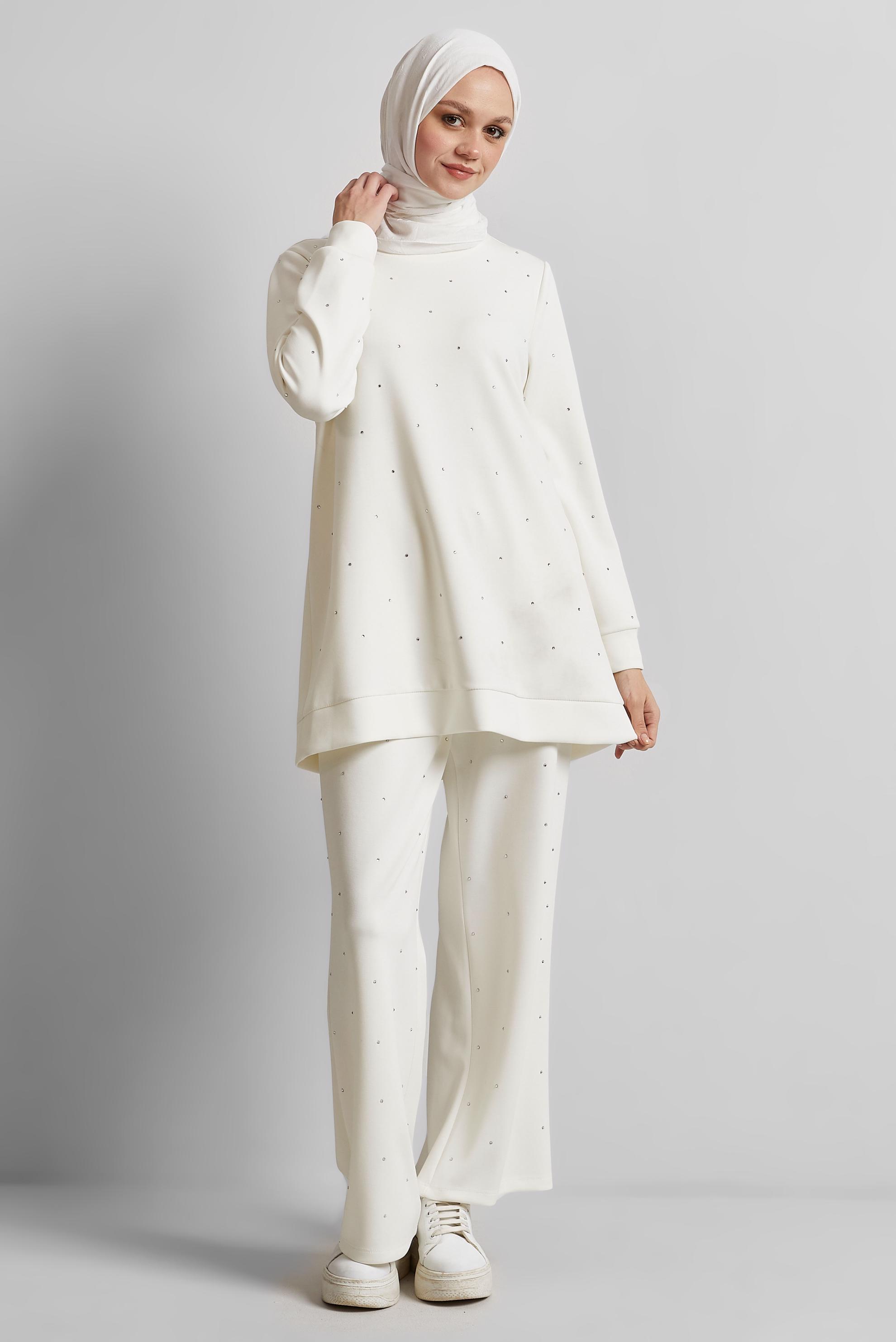 Tesettür giyim BEYAZ PANTOLONLU TAŞLI EŞOFMAN TAKIM 45381