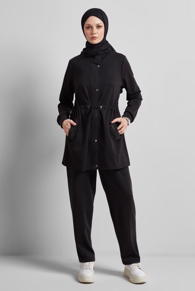 Hijab-Kleidung SCHWARZ TRAININGSANZUG-SET MIT HOSE 45386 - ALVİNA