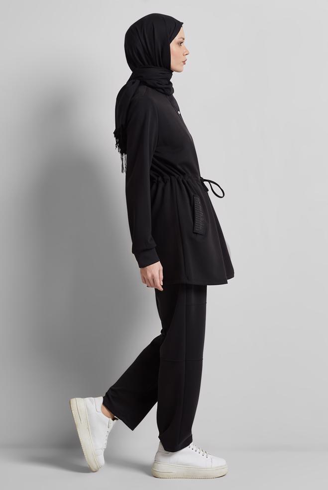 Hijab-Kleidung SCHWARZ TRAININGSANZUG-SET MIT HOSE 45386 - ALVİNA