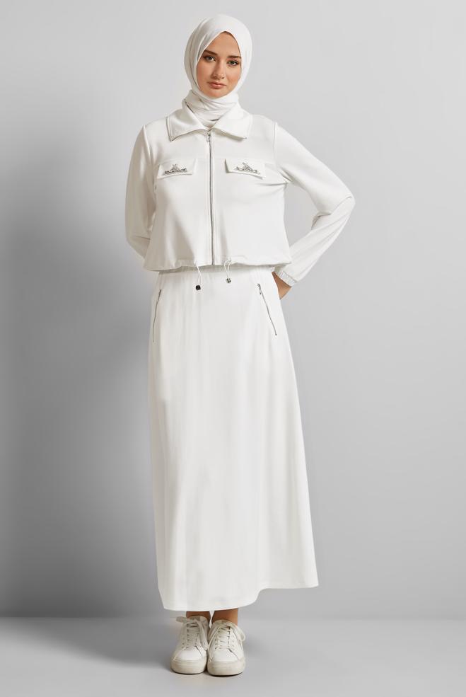 Vêtements hijab BLANC COMBINAISON JUPE AVEC GEMME 45387 - ALVİNA