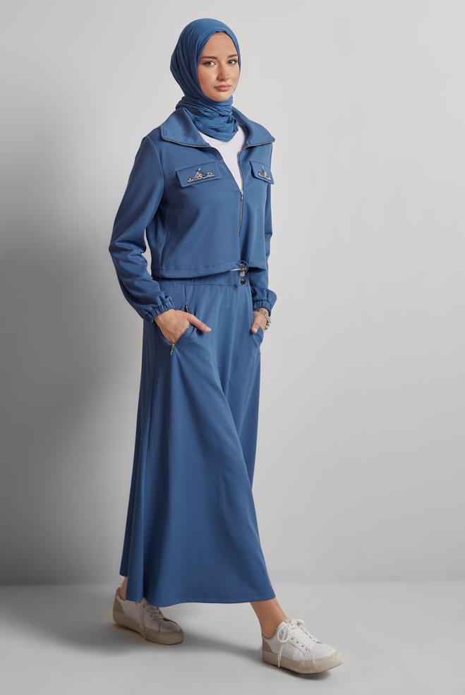 Hijab-Kleidung NAVY BLAU ROCKANZUG MIT SCHMUCKSTEIN 45387 - ALVİNA