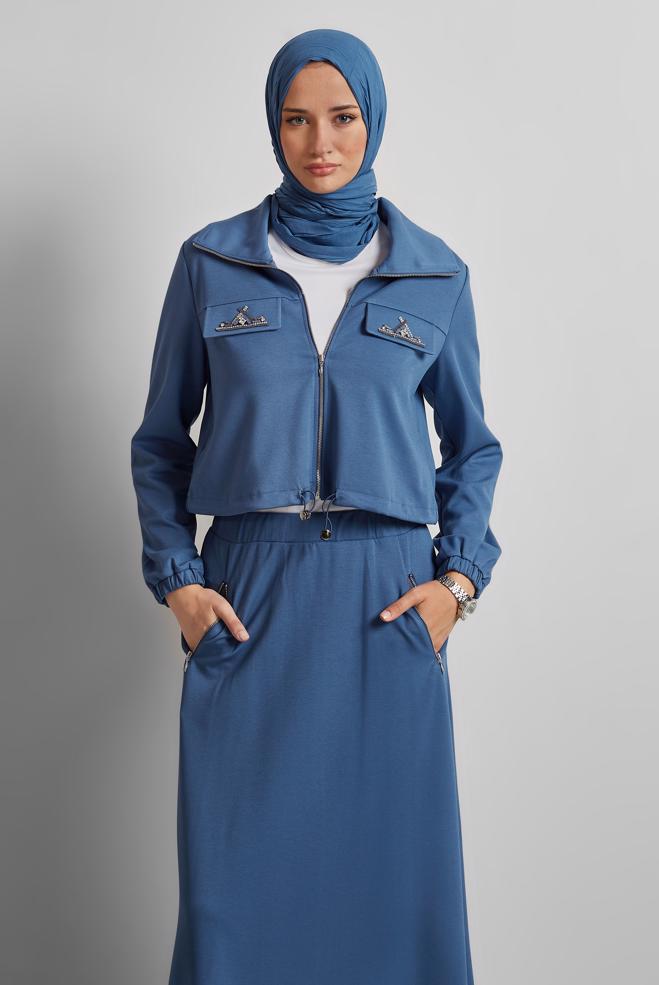 Hijab-Kleidung NAVY BLAU ROCKANZUG MIT SCHMUCKSTEIN 45387 - ALVİNA