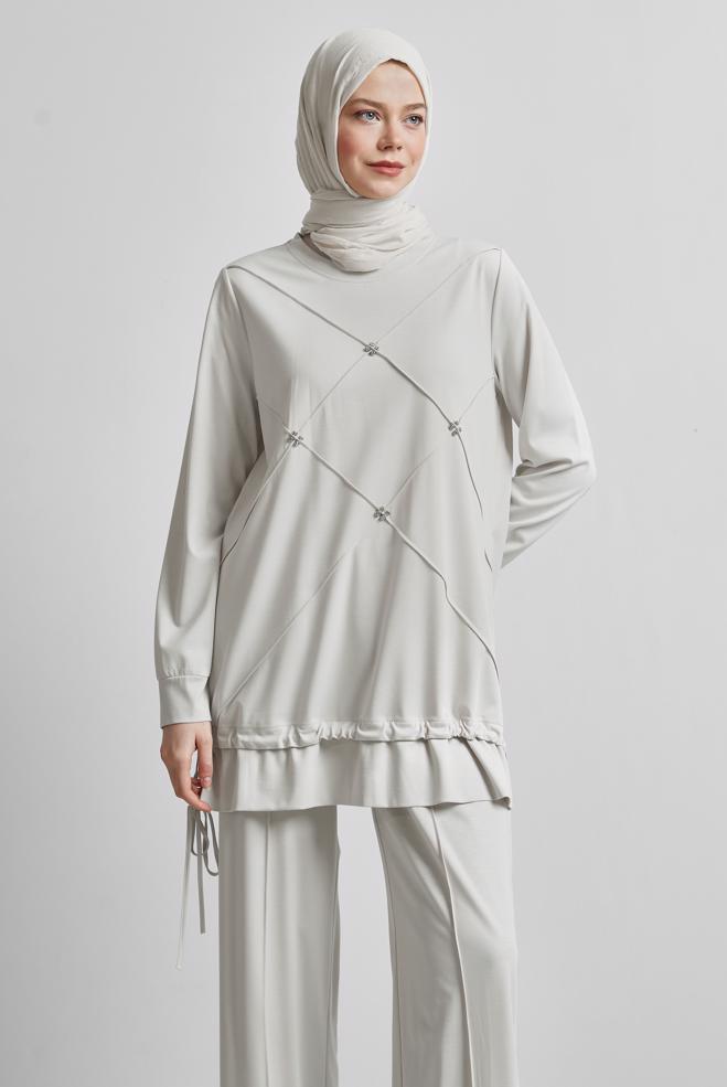 Hijab-Kleidung BEIGE TRAININGSANZUG-SET MIT HOSE 45388 - ALVİNA