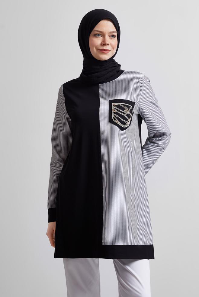 Hijab-Kleidung SCHWARZ TRAININGSTUNIKA MIT EDELSTEINDETAILLIERTEN TEENAGERN 45389 - ALVİNA