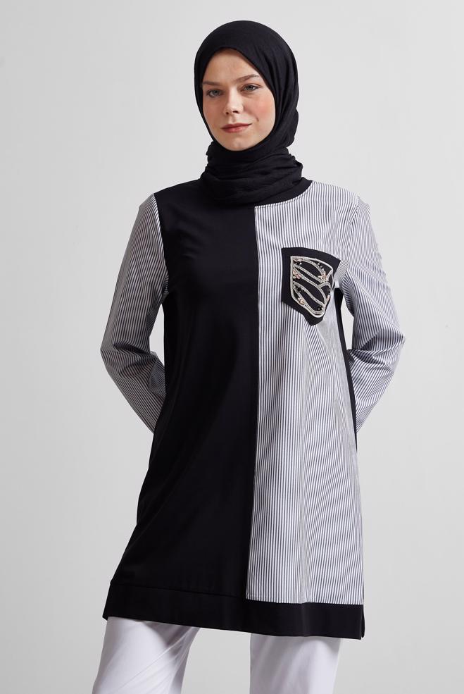 Hijab-Kleidung SCHWARZ TRAININGSTUNIKA MIT EDELSTEINDETAILLIERTEN TEENAGERN 45389 - ALVİNA