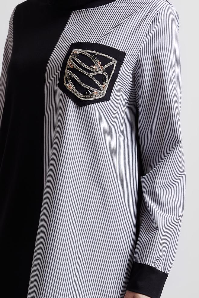 Hijab-Kleidung SCHWARZ TRAININGSTUNIKA MIT EDELSTEINDETAILLIERTEN TEENAGERN 45389 - ALVİNA