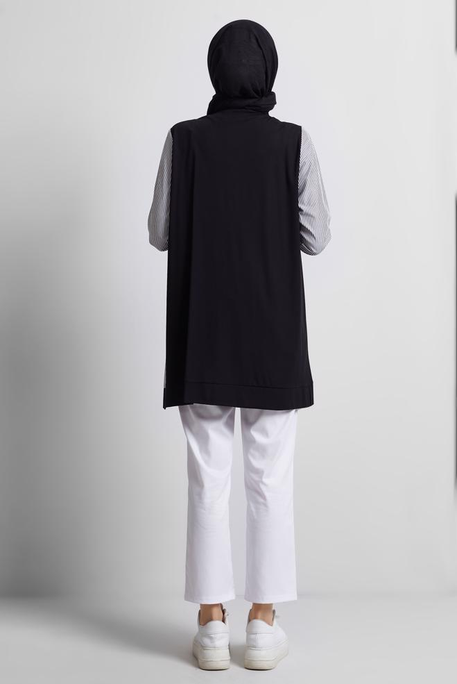 Hijab-Kleidung SCHWARZ TRAININGSTUNIKA MIT EDELSTEINDETAILLIERTEN TEENAGERN 45389 - ALVİNA