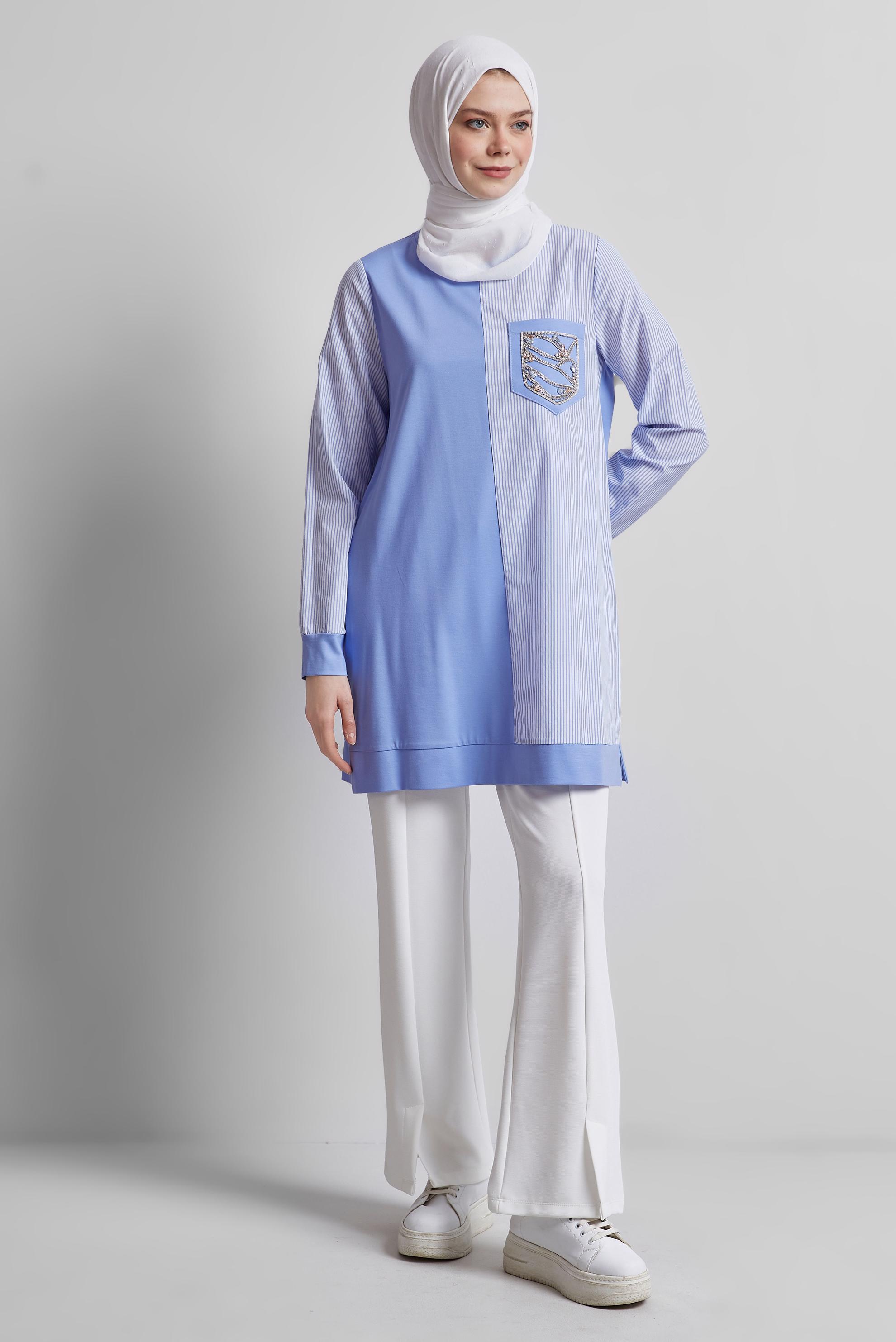 Tesettür giyim MAVİ TAŞ DETAYLI EŞOFMAN TUNİK 45389 