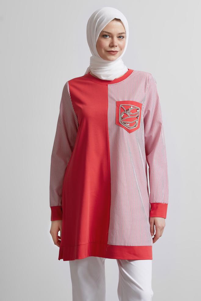 Hijab-Kleidung ROT TRAININGSTUNIKA MIT EDELSTEINDETAILLIERTEN TEENAGERN 45389 - ALVİNA