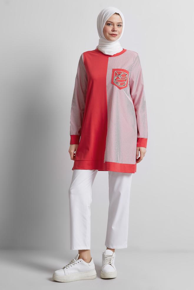 Hijab-Kleidung ROT TRAININGSTUNIKA MIT EDELSTEINDETAILLIERTEN TEENAGERN 45389 - ALVİNA