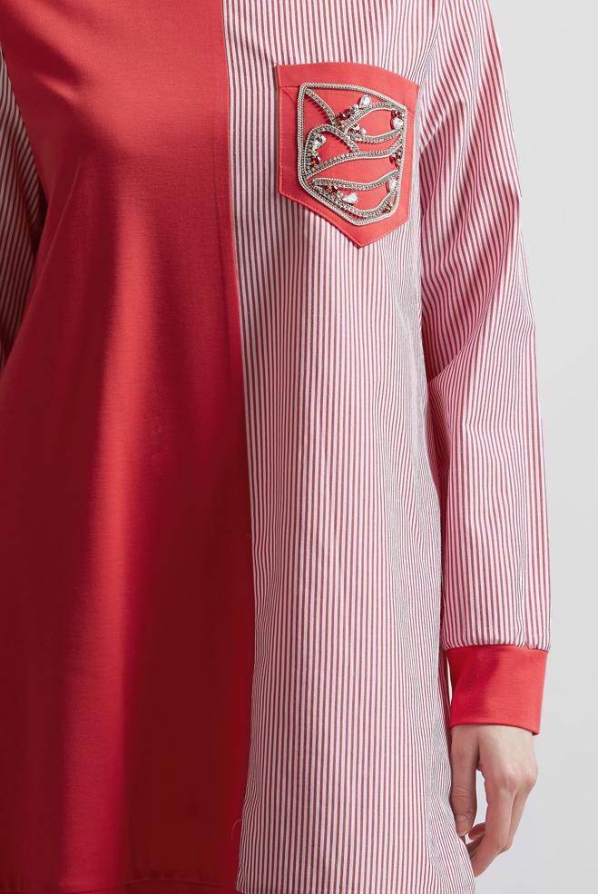 Hijab-Kleidung ROT TRAININGSTUNIKA MIT EDELSTEINDETAILLIERTEN TEENAGERN 45389 - ALVİNA