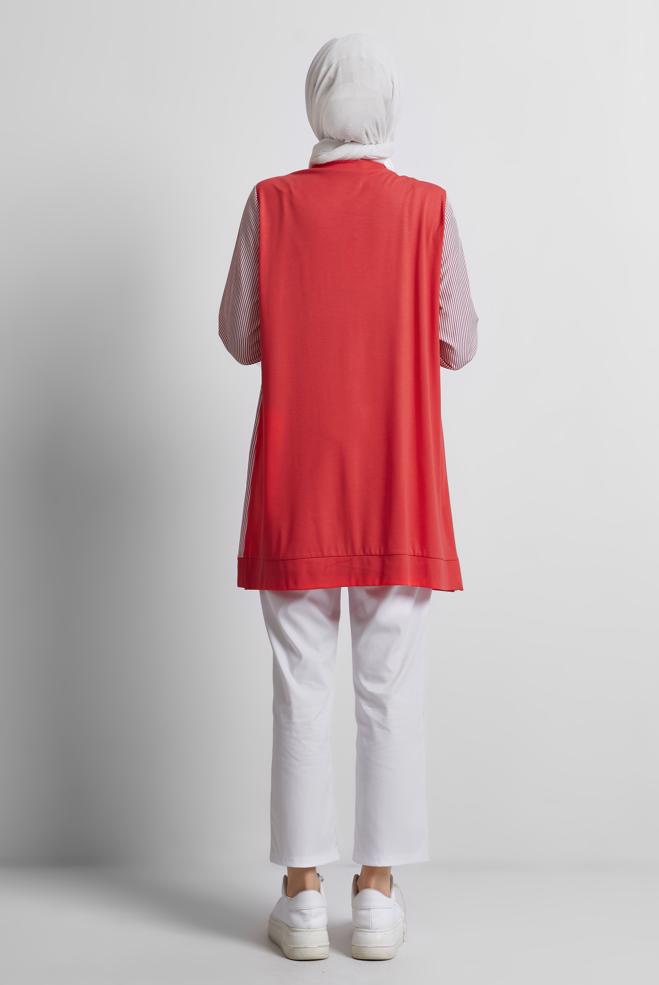 Hijab-Kleidung ROT TRAININGSTUNIKA MIT EDELSTEINDETAILLIERTEN TEENAGERN 45389 - ALVİNA