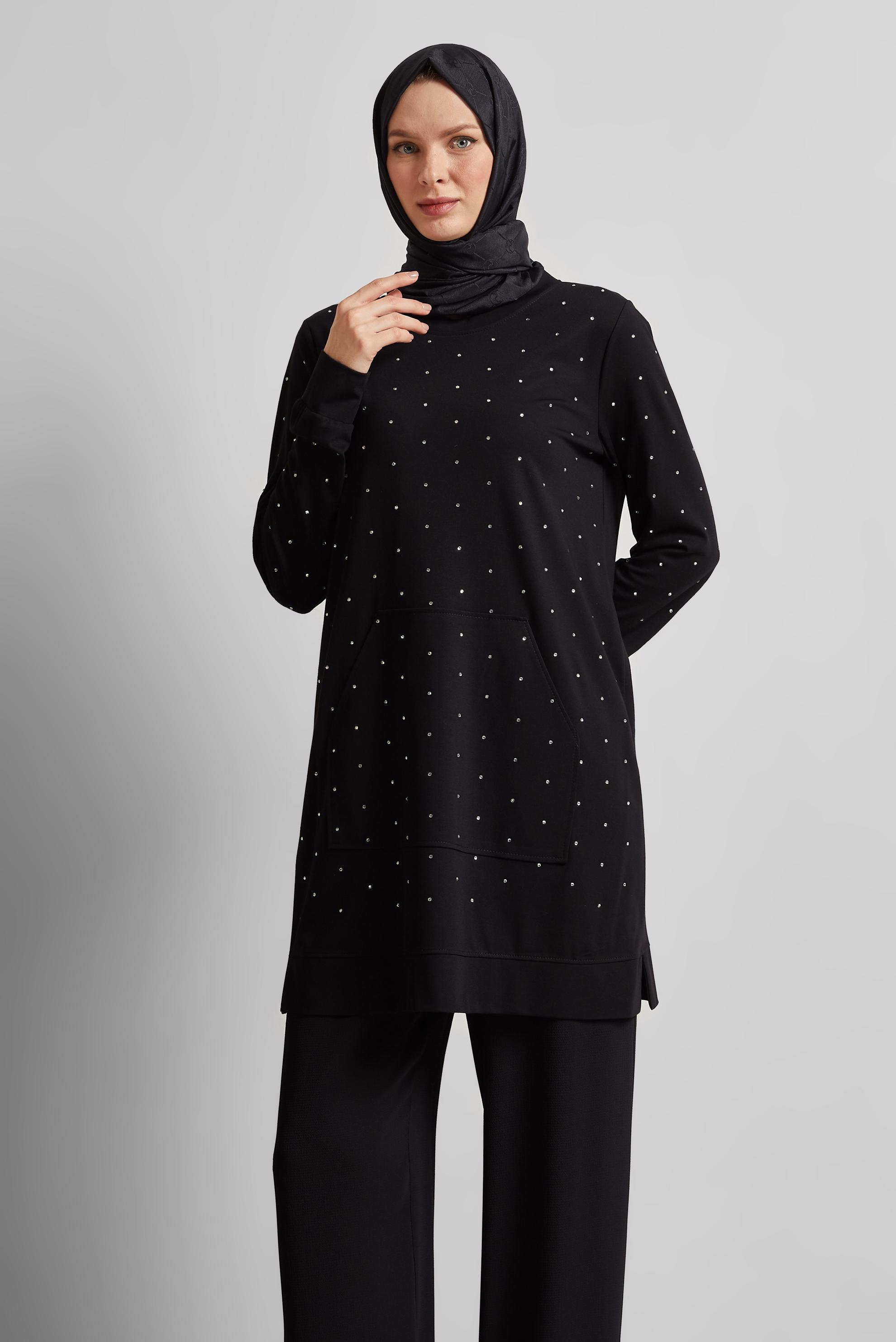 Tesettür giyim SİYAH TAŞLI EŞOFMAN TUNİK 45390