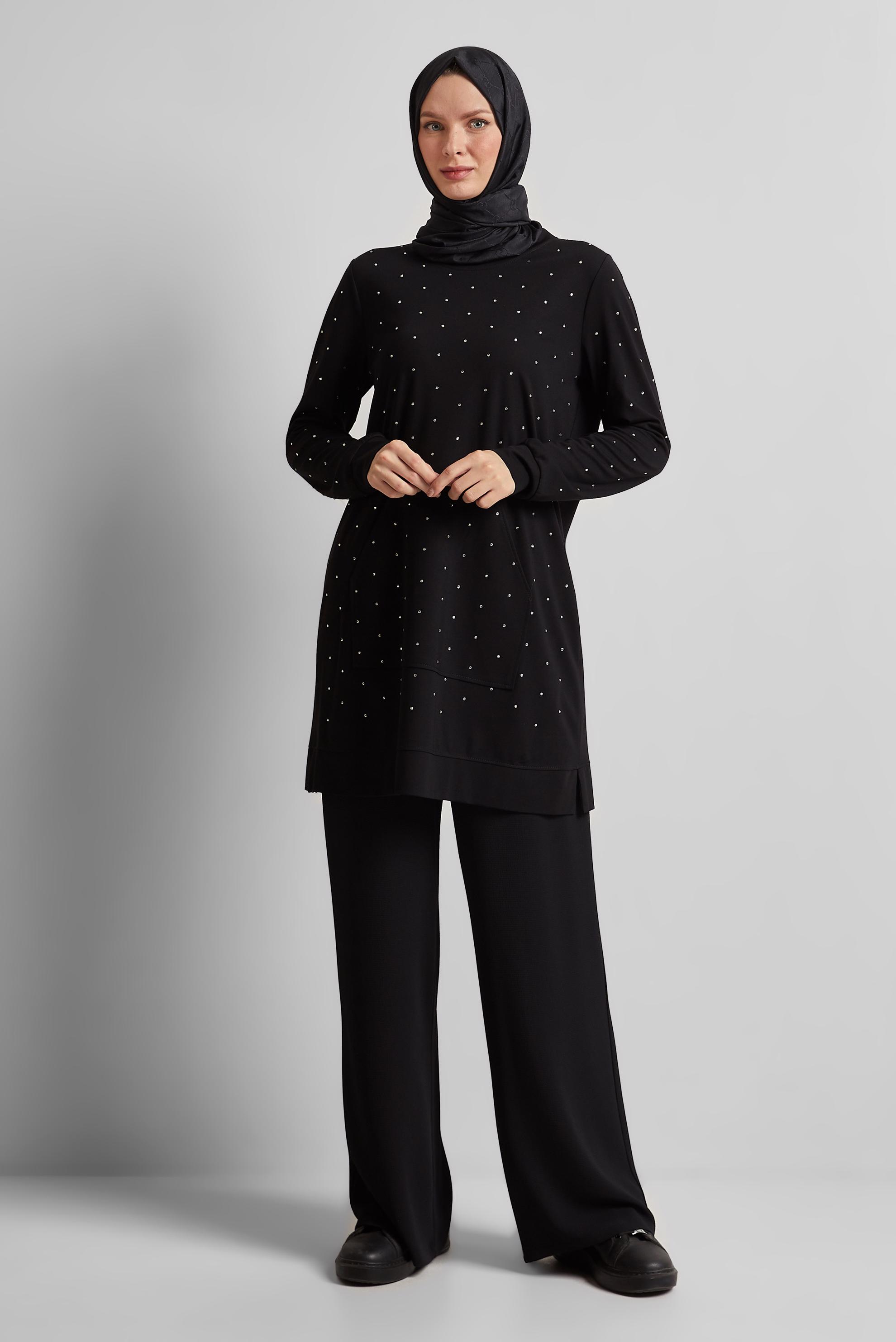 Tesettür giyim SİYAH TAŞLI EŞOFMAN TUNİK 45390