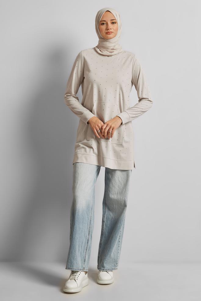 Hijab clothing BEIGE TRACKSUIT TUNIC WITH GEM 45390 - ALVİNA