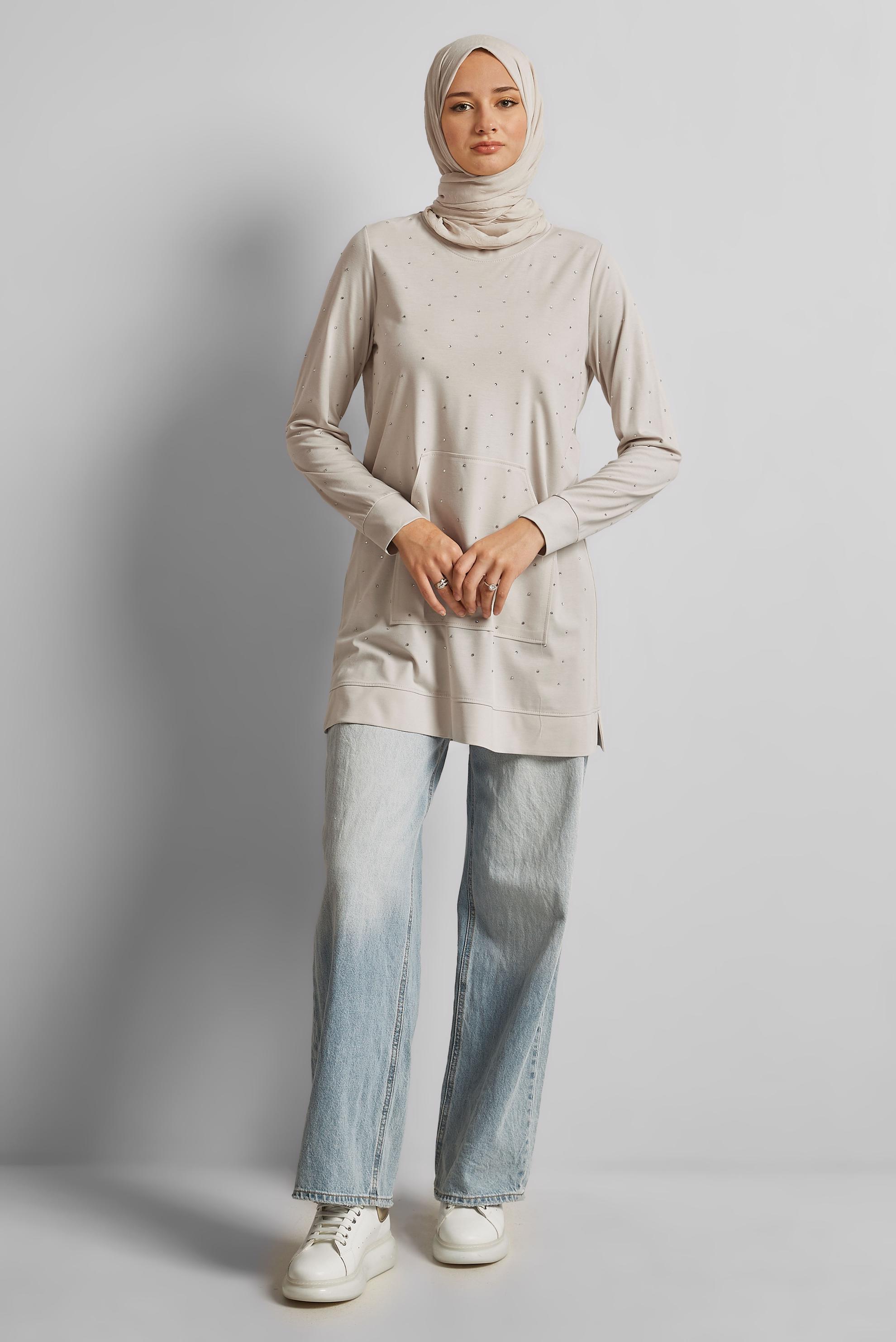 Tesettür giyim BEJ TAŞLI EŞOFMAN TUNİK 45390