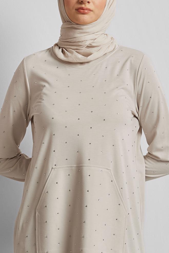 Hijab clothing BEIGE TRACKSUIT TUNIC WITH GEM 45390 - ALVİNA