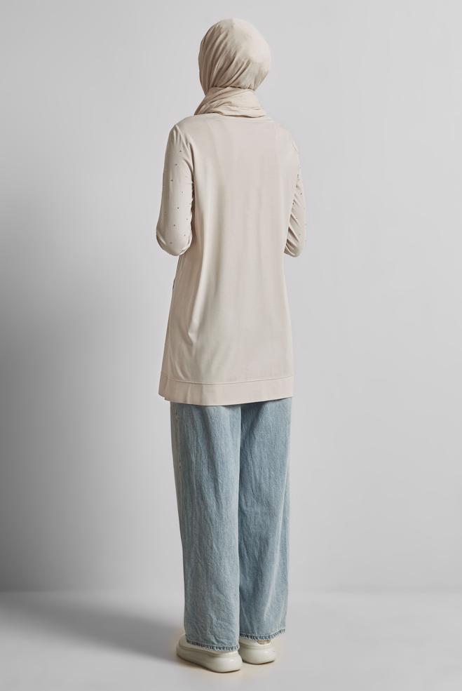 Hijab clothing BEIGE TRACKSUIT TUNIC WITH GEM 45390 - ALVİNA