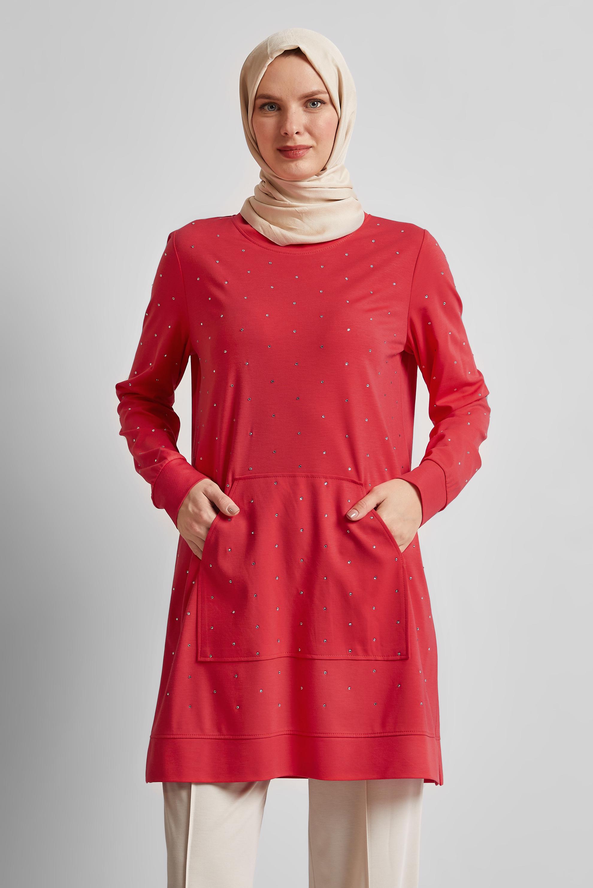Tesettür giyim KIRMIZI TAŞLI EŞOFMAN TUNİK 45390