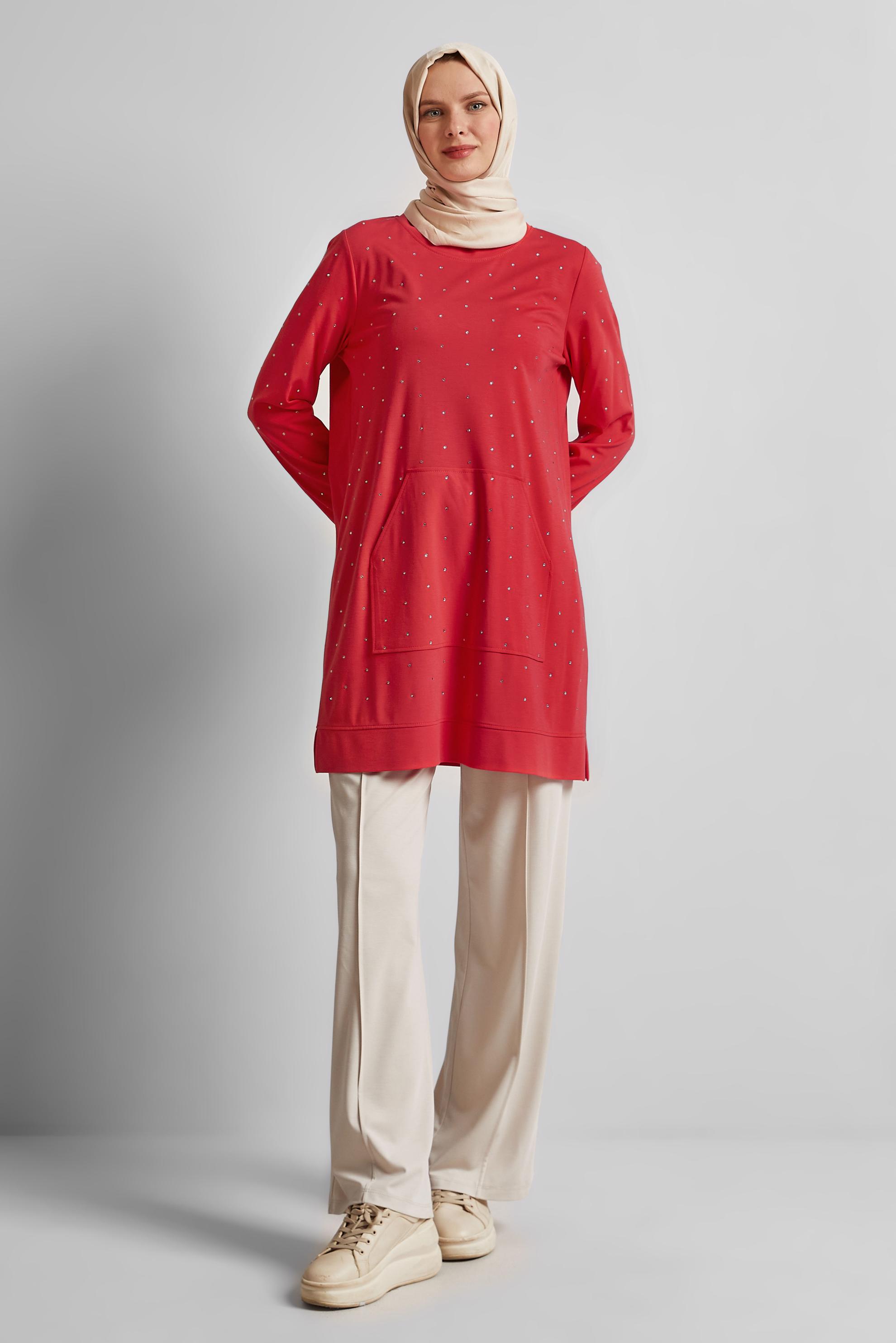 Tesettür giyim KIRMIZI TAŞLI EŞOFMAN TUNİK 45390