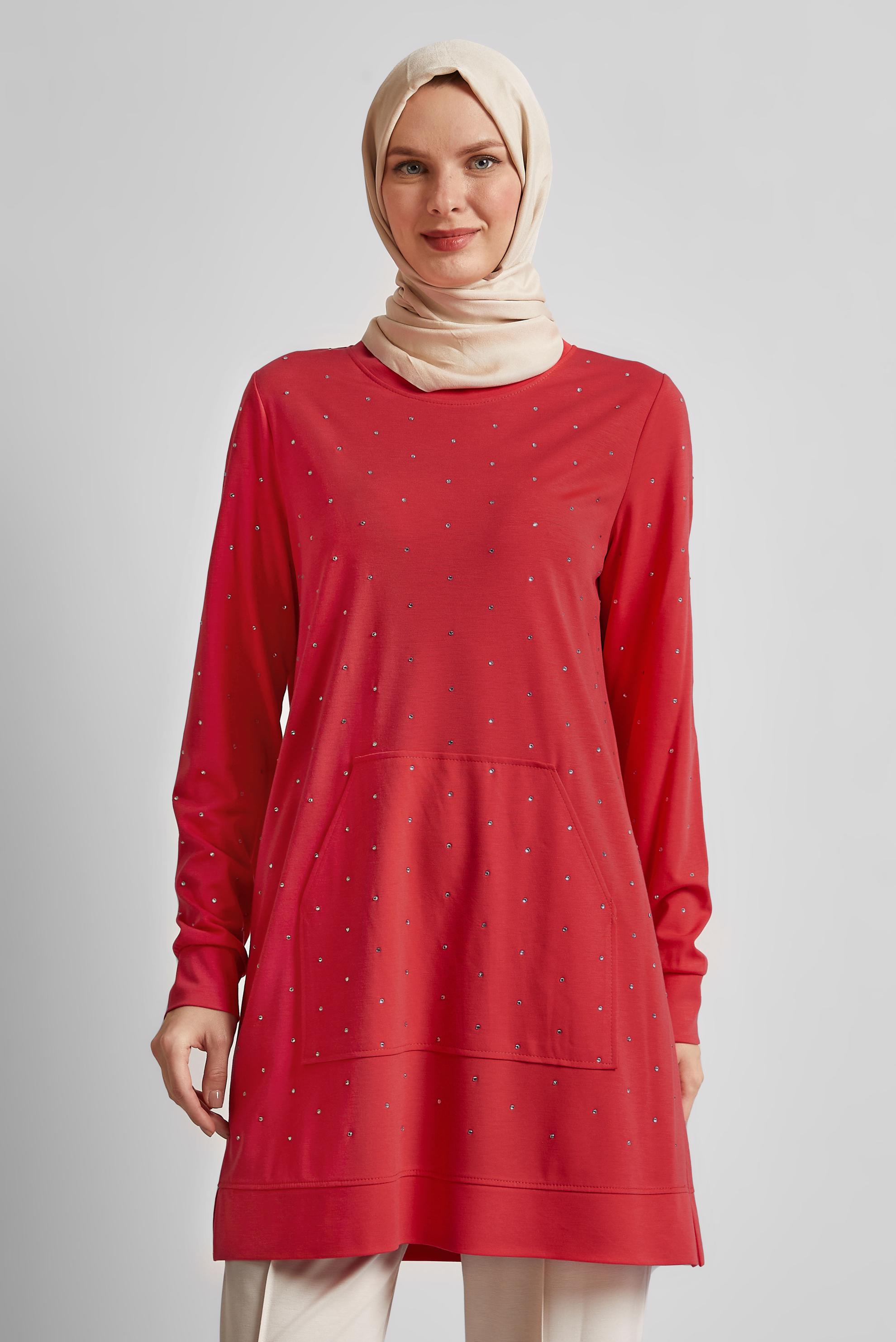 Tesettür giyim KIRMIZI TAŞLI EŞOFMAN TUNİK 45390