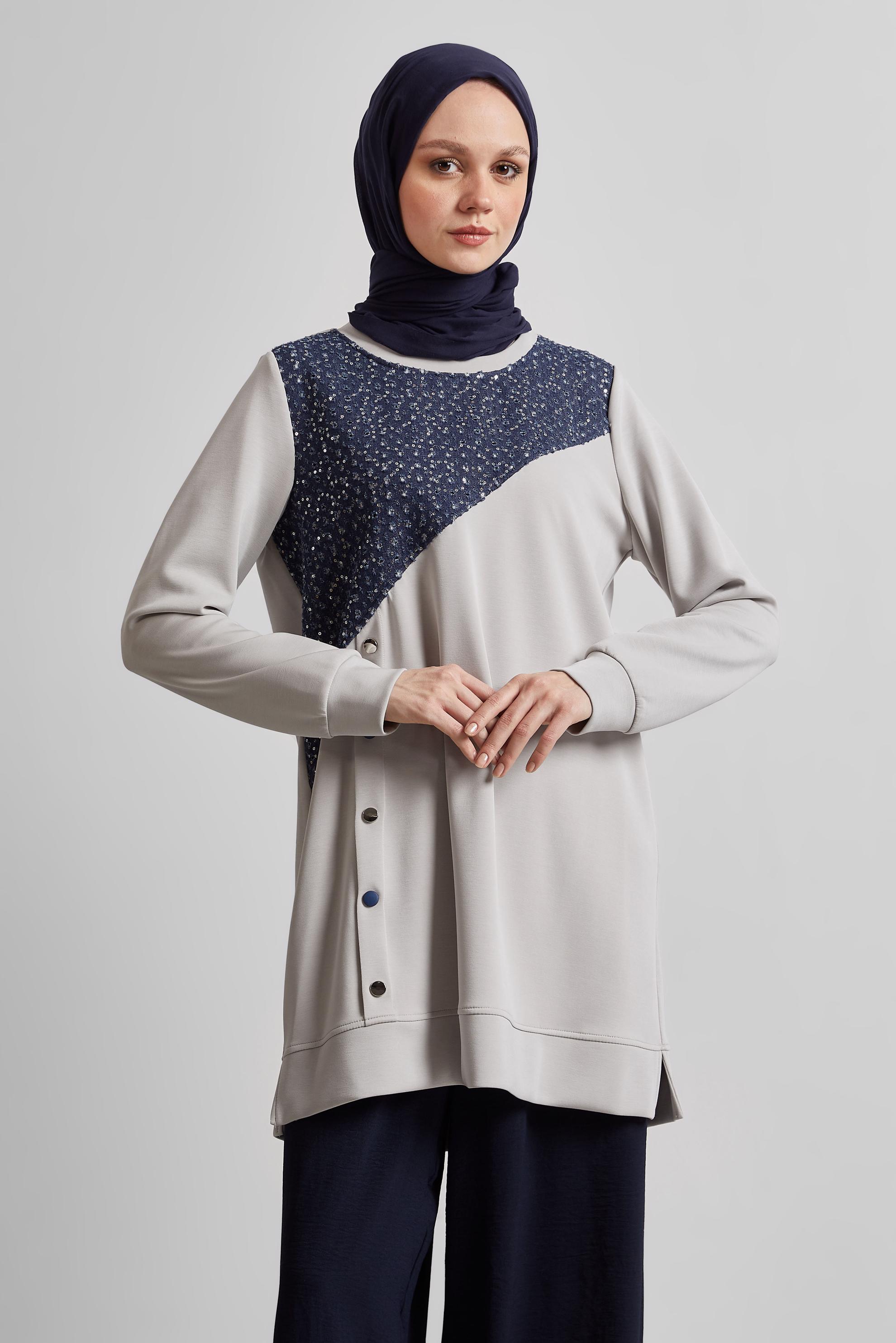 Tesettür giyim BEJ DENİM DETAYLI EŞOFMAN TUNİK 45391
