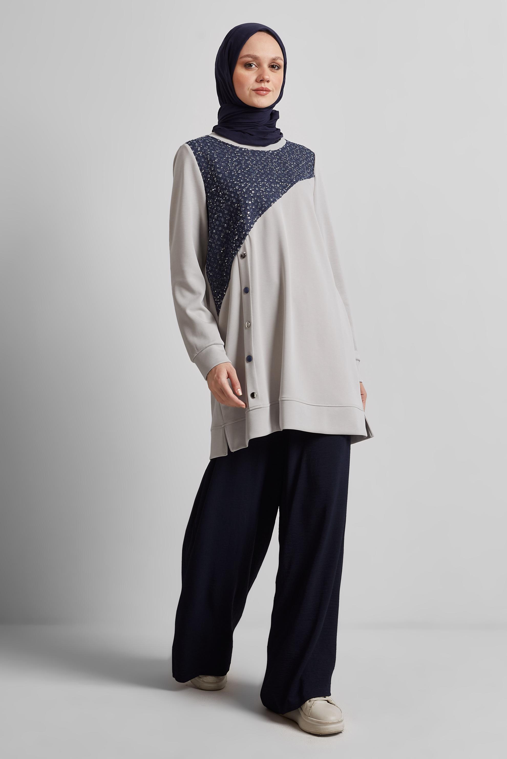 Tesettür giyim BEJ DENİM DETAYLI EŞOFMAN TUNİK 45391