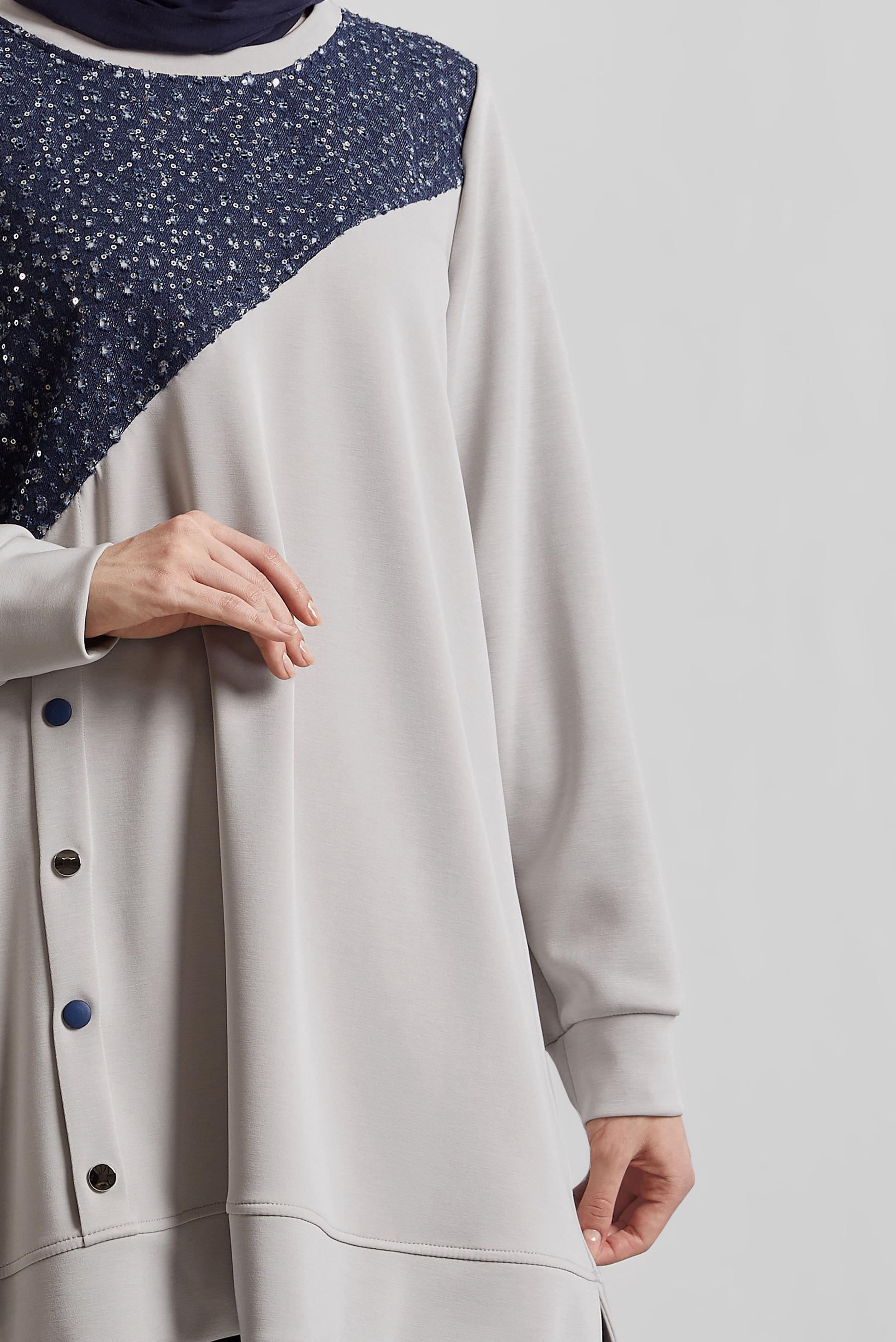 Tesettür giyim BEJ DENİM DETAYLI EŞOFMAN TUNİK 45391