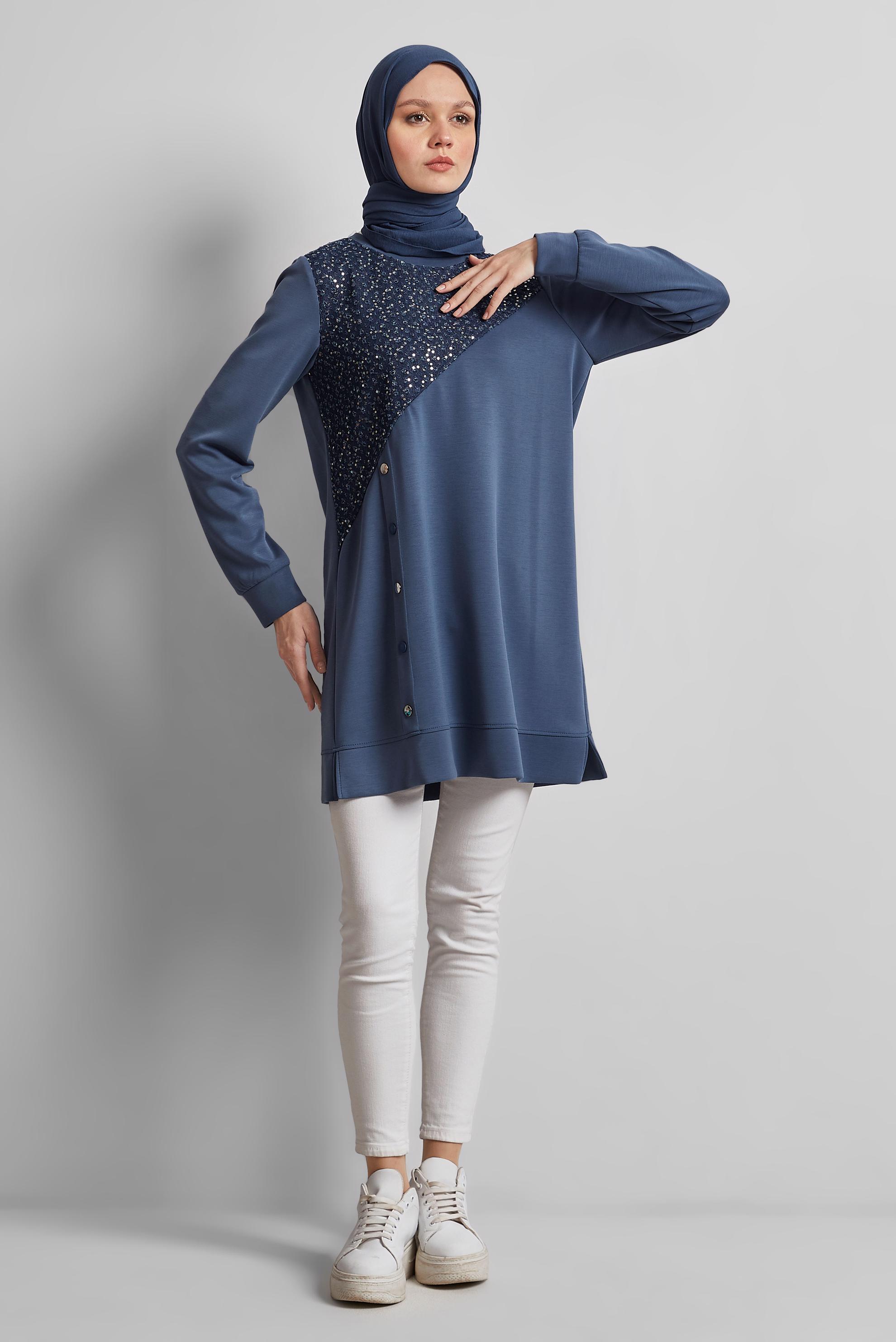 Tesettür giyim LACİVERT DENİM DETAYLI EŞOFMAN TUNİK 45391