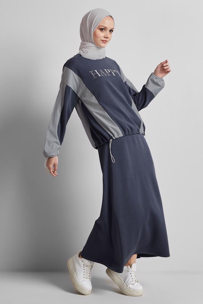 Hijab-Kleidung GRAU TRAININGSANZUG-SET MIT ROCK 45439 - ALVİNA