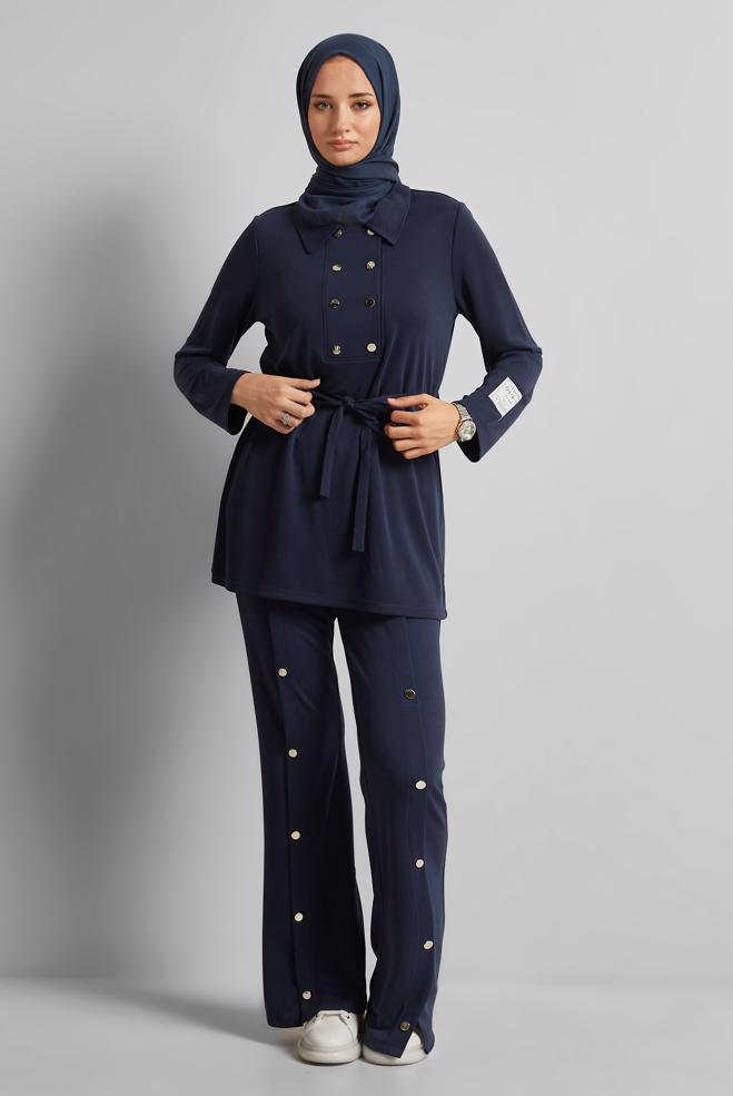 Vêtements hijab BLEU MARINE ENSEMBLE DE SURVÊTEMENT CEINTURÉ 45440 - ALVİNA