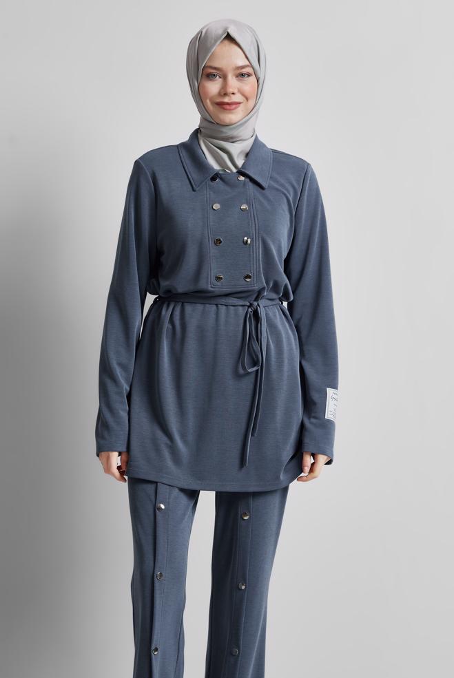 Hijab-Kleidung GRAU TRAININGSANZUG-SET MIT GÜRTEL 45440 - ALVİNA