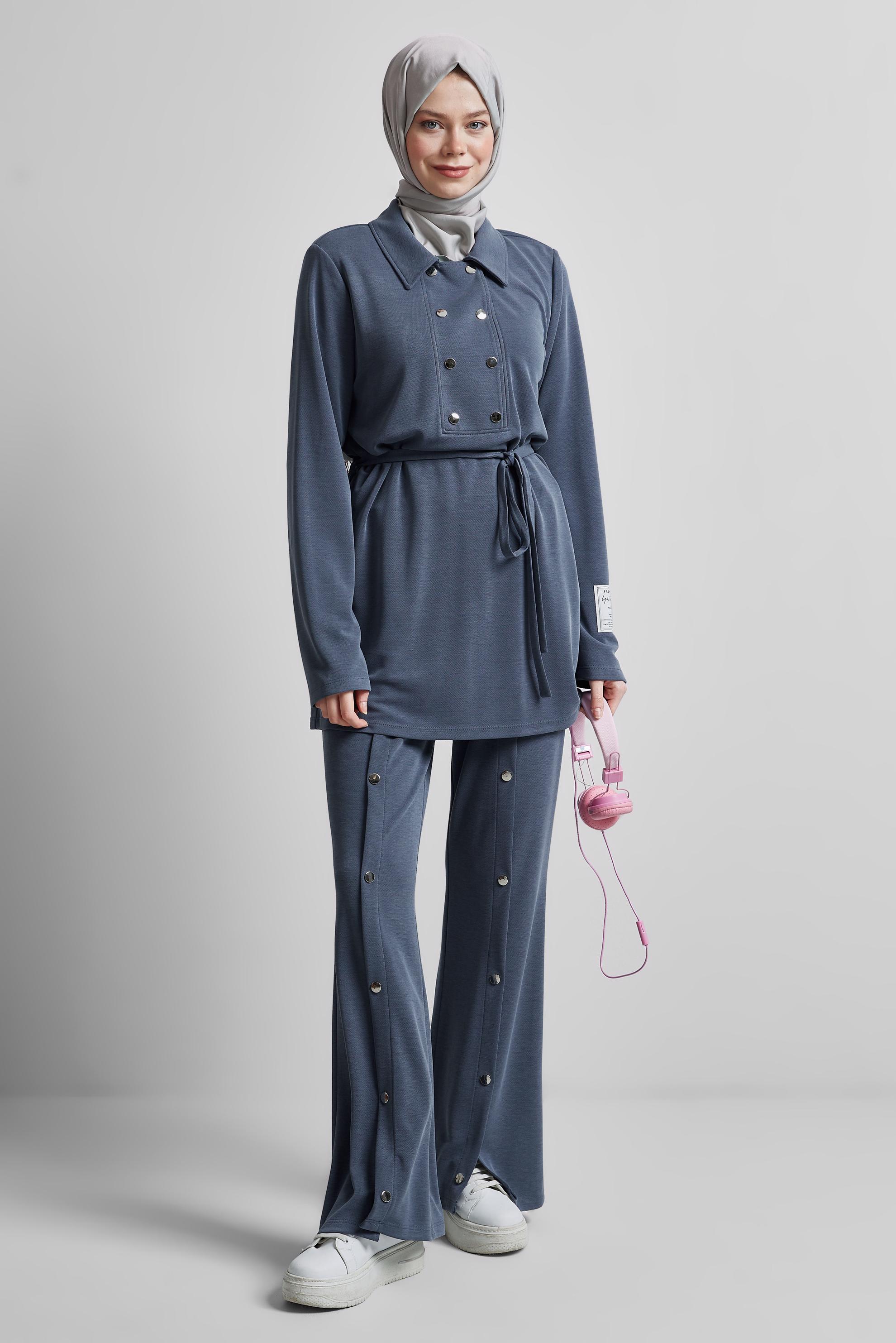 Tesettür giyim GRİ KUŞAKLI PANTOLONLU EŞOFMAN TAKIM 45440