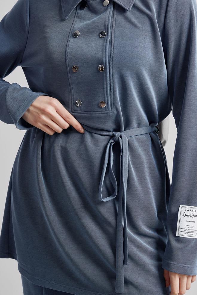 Hijab-Kleidung GRAU TRAININGSANZUG-SET MIT GÜRTEL 45440 - ALVİNA