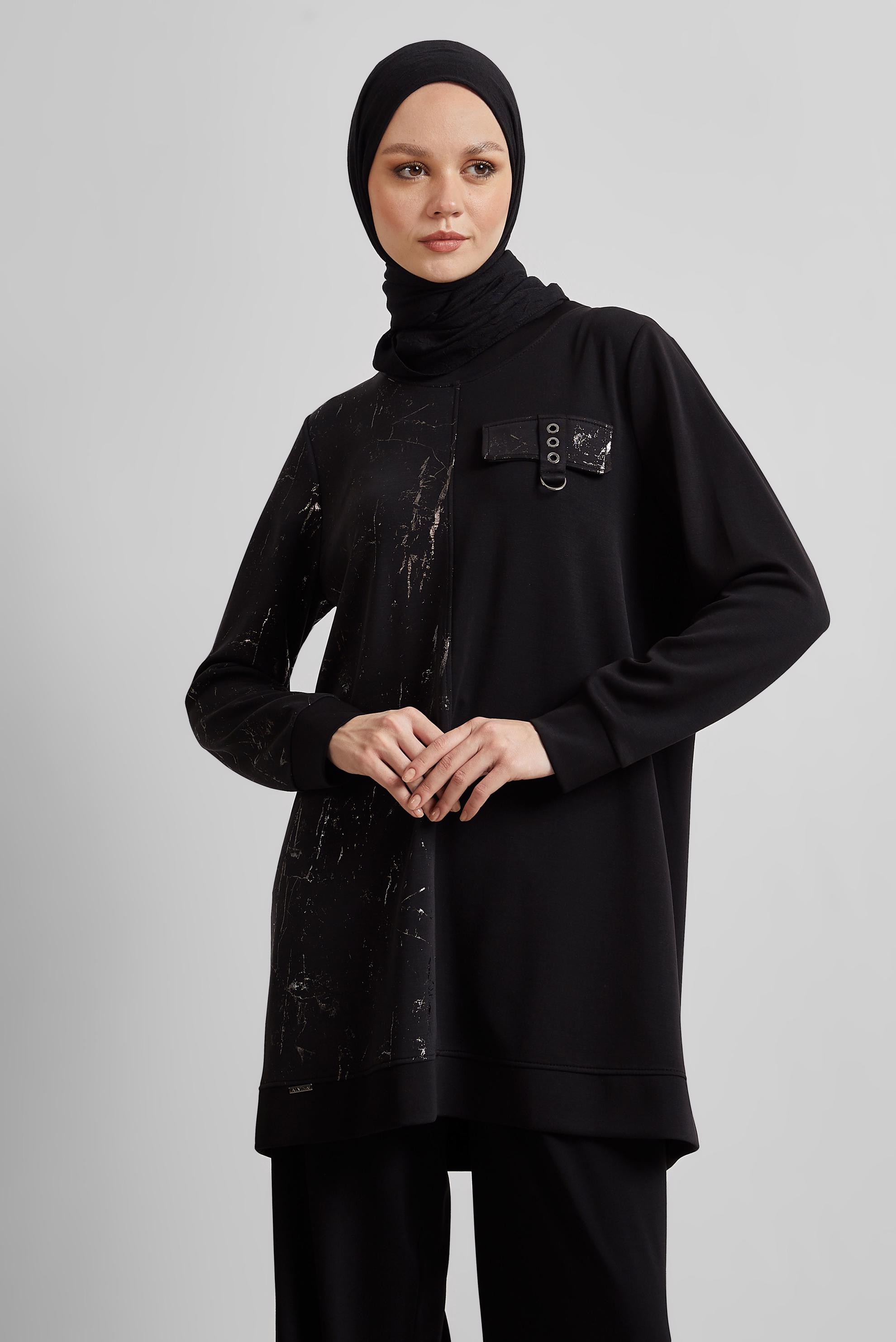 Tesettür giyim SİYAH BİSİKLET YAKA EŞOFMAN TUNİK 45441