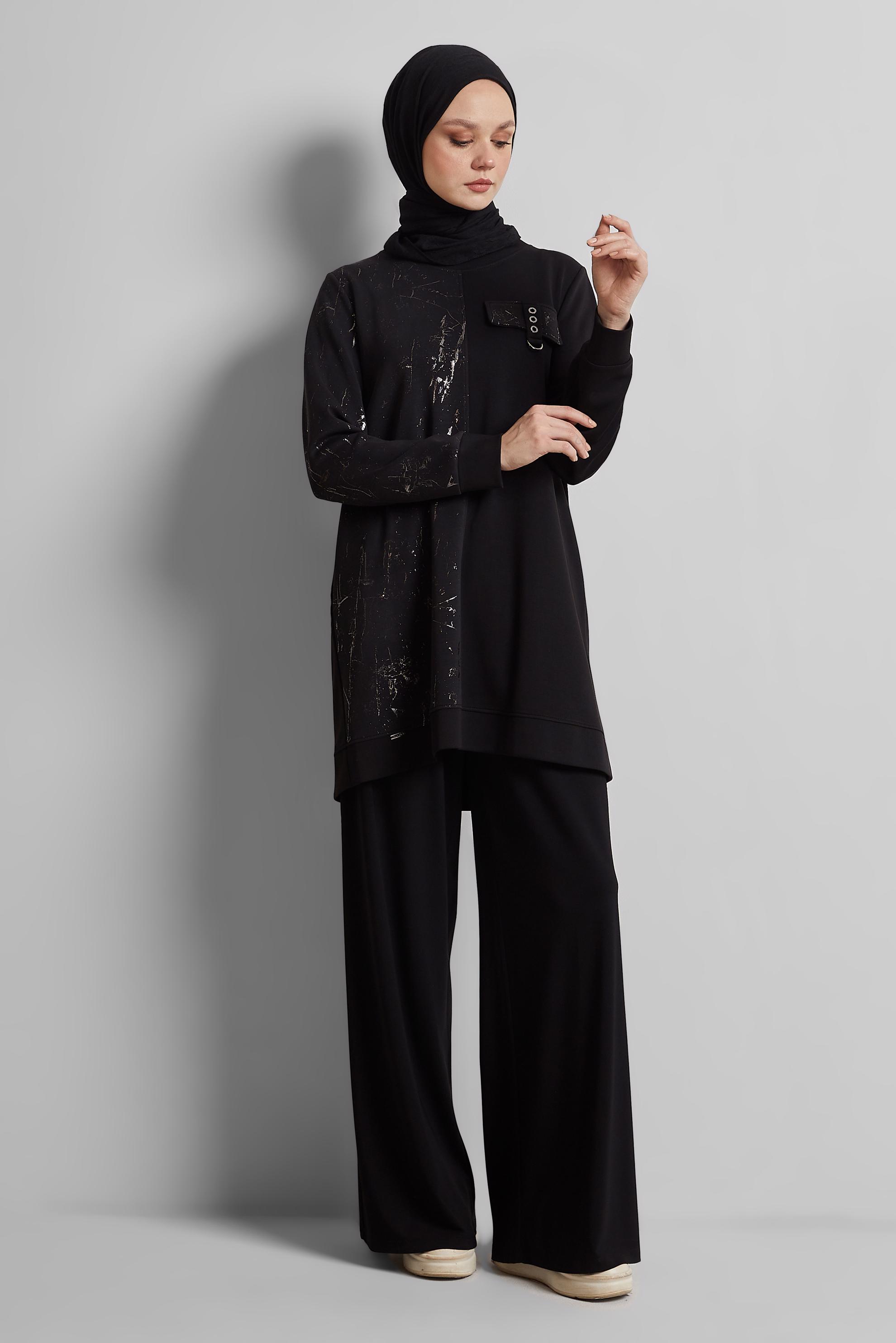 Tesettür giyim SİYAH BİSİKLET YAKA EŞOFMAN TUNİK 45441